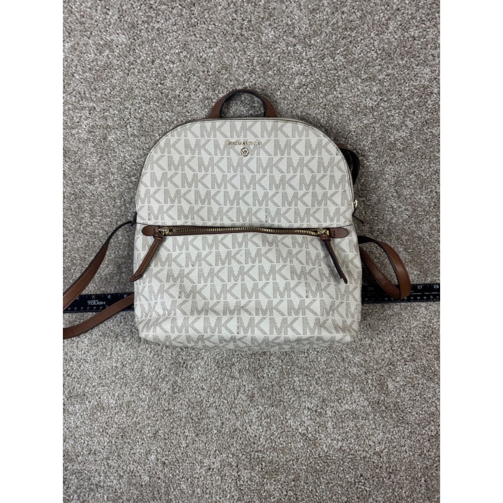 Michael Kors Abbey Medium Backpack Signature Logo White Acorn Brown Leather